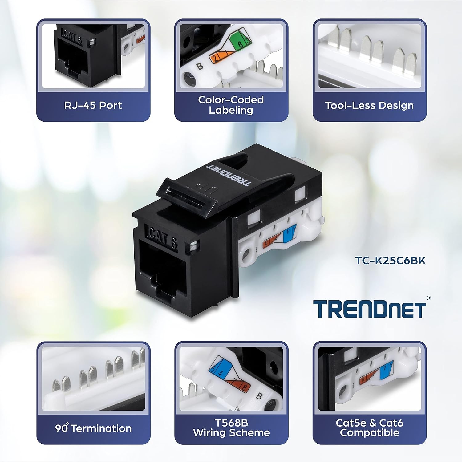 TRENDnet TC-K25C6BK, Cat6 Keystone Jack, Black – 25-Pack