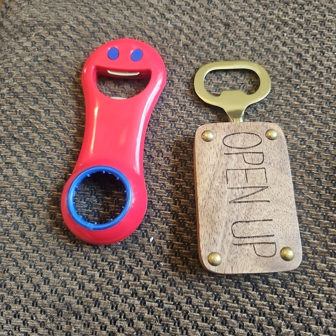 Kizmos "Get Happy" Red Magnetic Bottle Opener & Open Up Wood Bottle Opener 4.75"