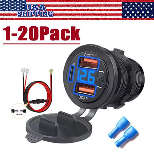 12V-24V PD+QC3.0 Dual USB Car Fast Charger Power Socket Outlet LED Voltmeter LOT