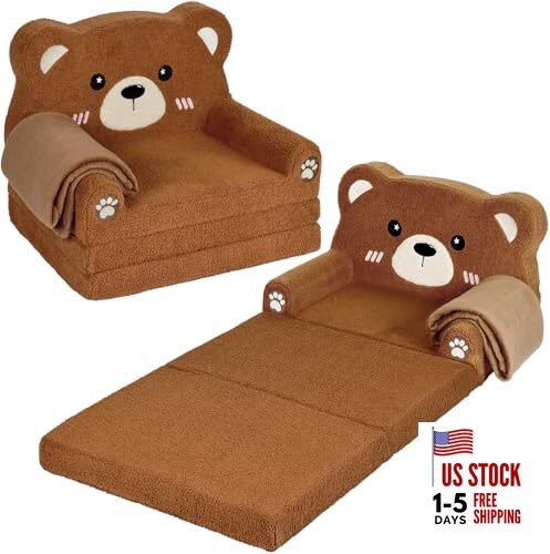 Kids Couch, 2-in-1 Soft Toddler Couch Fold Out with Blanket, Chair Comfy, Bear