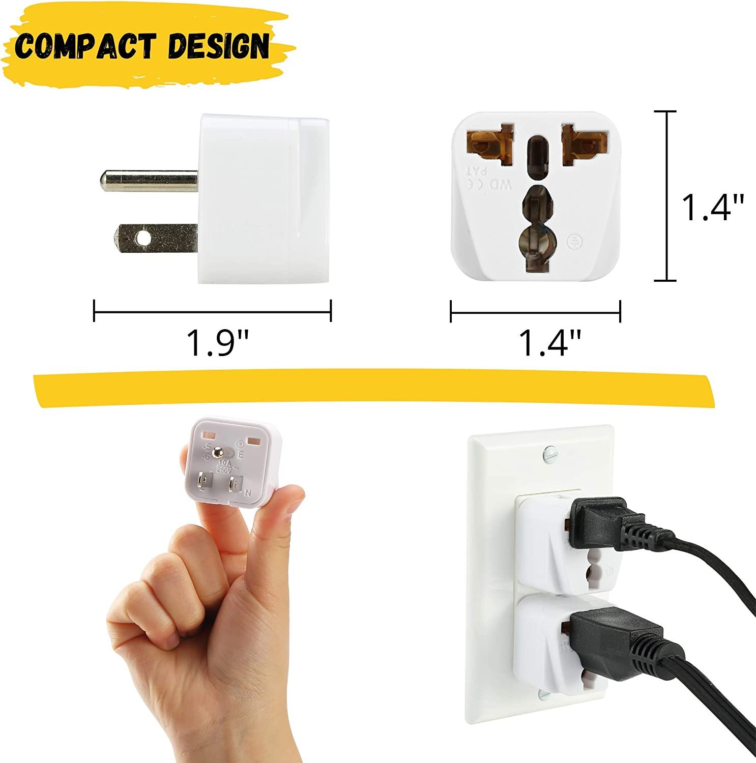 Bates- Universal to American Outlet Plug Adapter, 2 Pack, Canada White