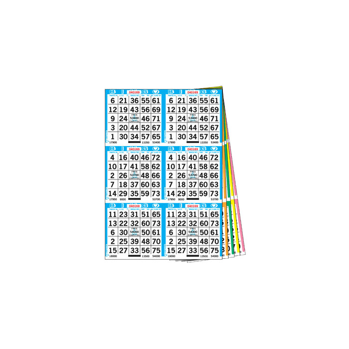 Bingo Paper Game Cards 6 on 5 up- Pack of 100 Books-Blue,Orange,Grn,Yellow,Pink