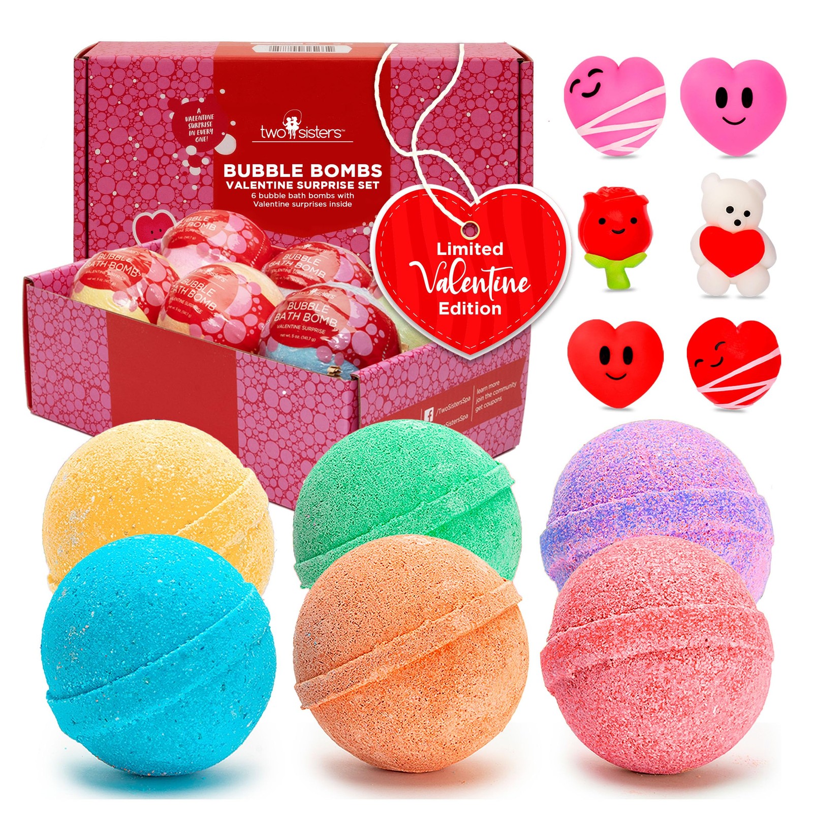 Valentines Bath Bombs for Kids with Surprise Heart Toys Inside 6 Pack - Valen...
