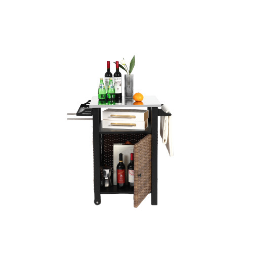 Single door bar cart,Outdoor Kitchen Wicker Island Rolling Cart&Storage Cabinet