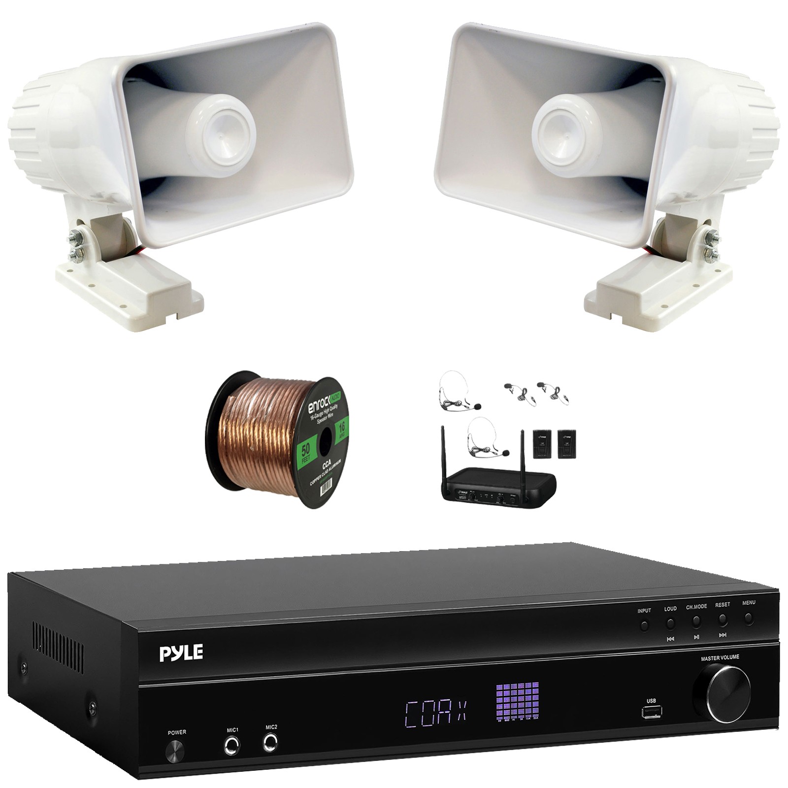 Pyle 5.2 Channel Receiver, 2x 8'' 65W Outdoor PA Horn Speakers W/ Wireless Mic