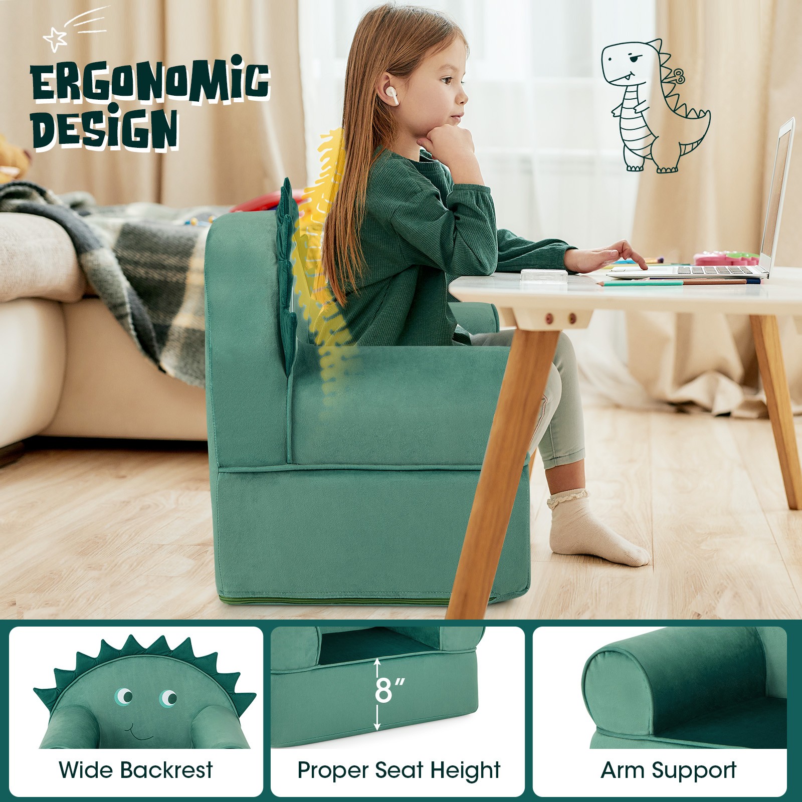 Kids Sofa Dinosaur Cuddly Armchair Toddler Armrest Couch w/ Washable Cover