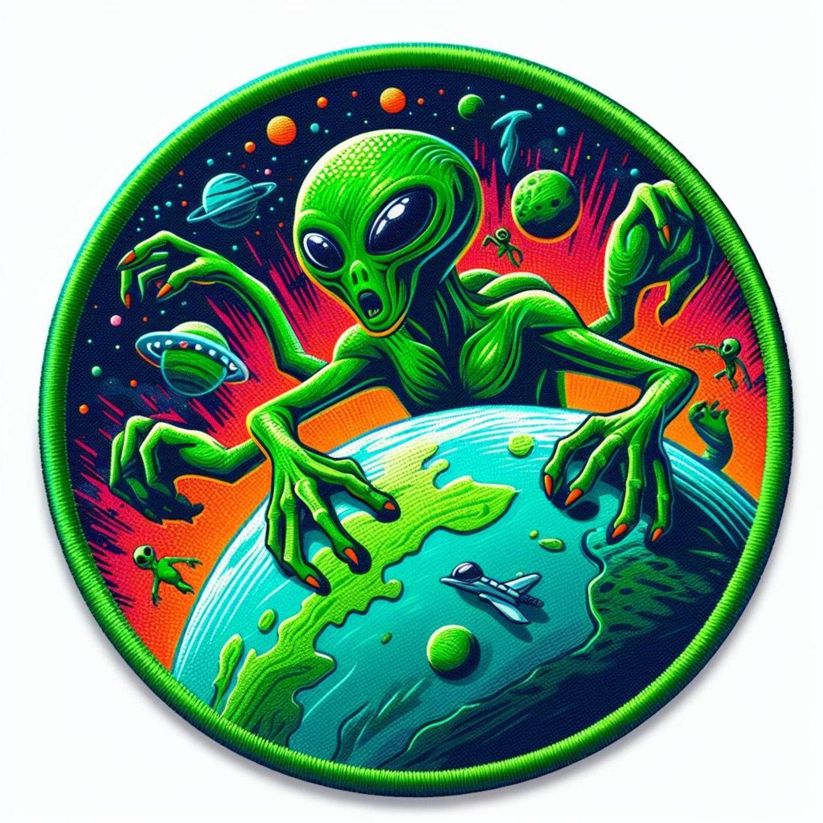 Green Aliens VS Earth Patch iron-on Applique Geeks & Gamers Fun Sci Fi Badge