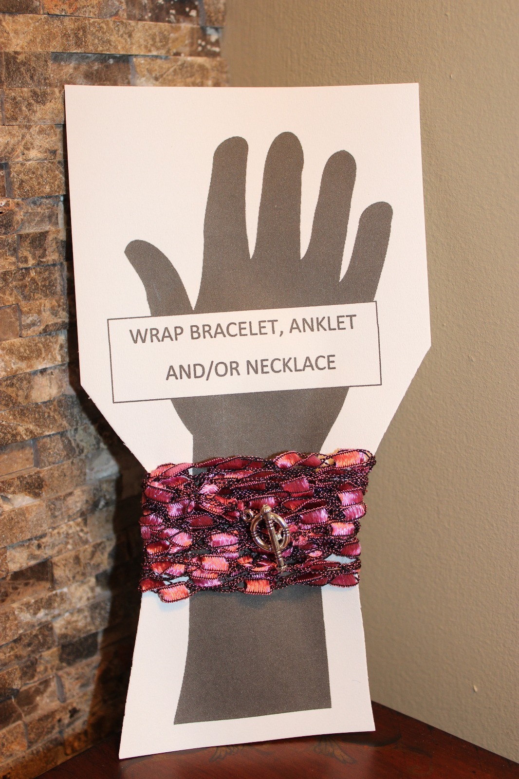 Valentine Wrap Bracelet Pink Crochet Yarn Handmade Breast Cancer Awareness