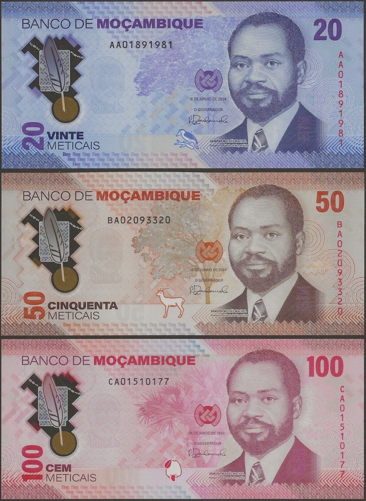 Mozambique New 3 NOTE SET 20 50 100 Meticais 2024 UNC Polymer @ EBS