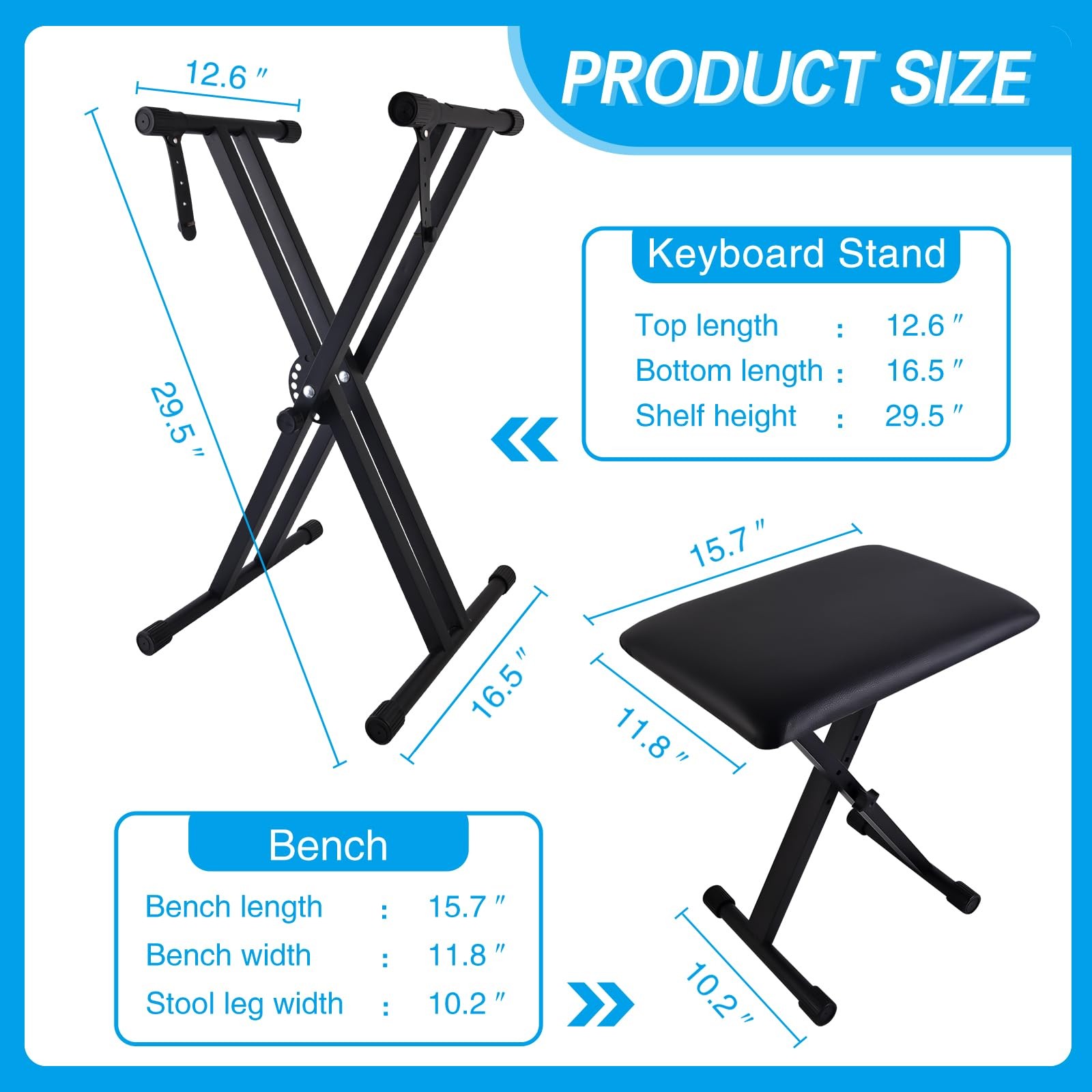 Adjustable Piano Keyboard Stand and Bench Set with Lockable Straps, Black