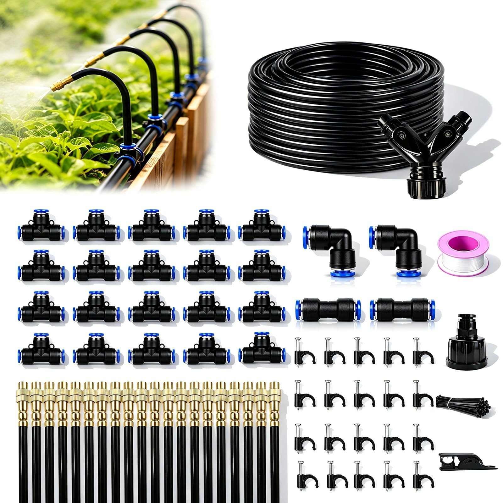 100ft Drip Irrigation System with 20 Adjustable Nozzles for Garden & Greenhouse