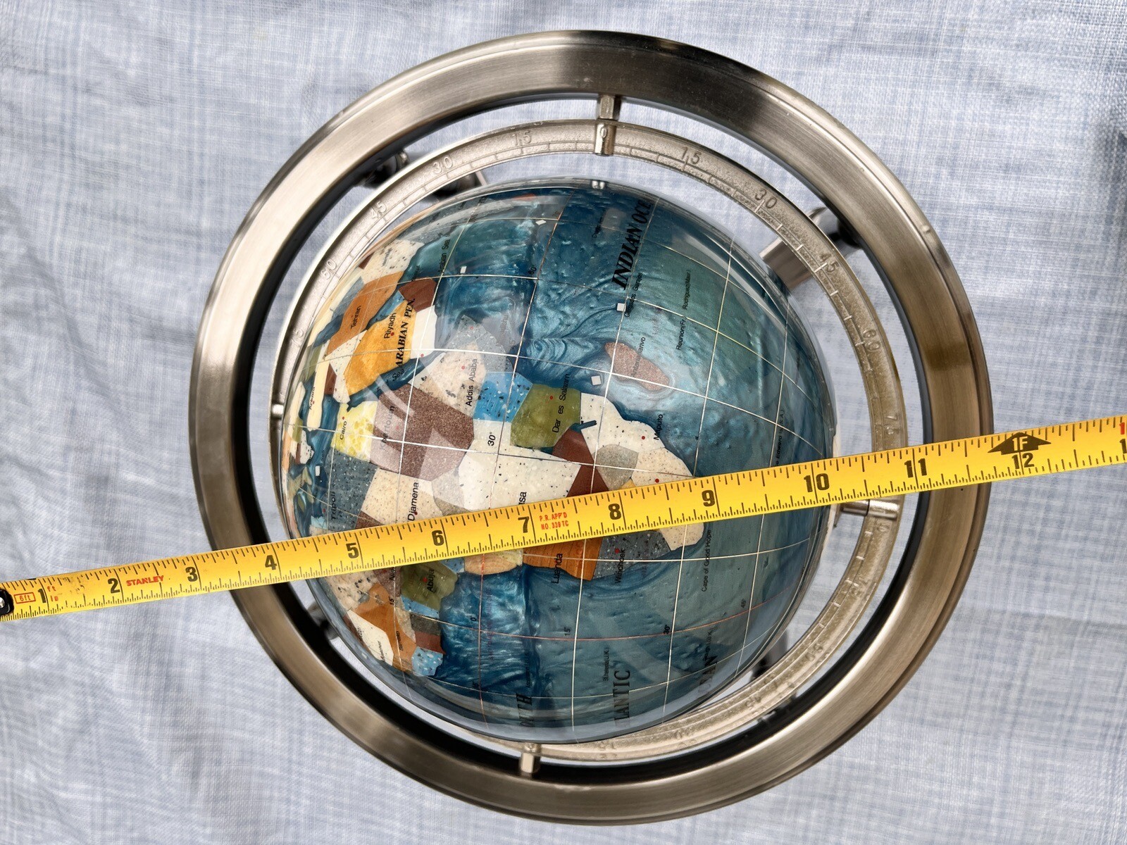 12" Tall Gemstone Table Top Gem Pearl /Gemstone World Map Globe Gorgeous Silver