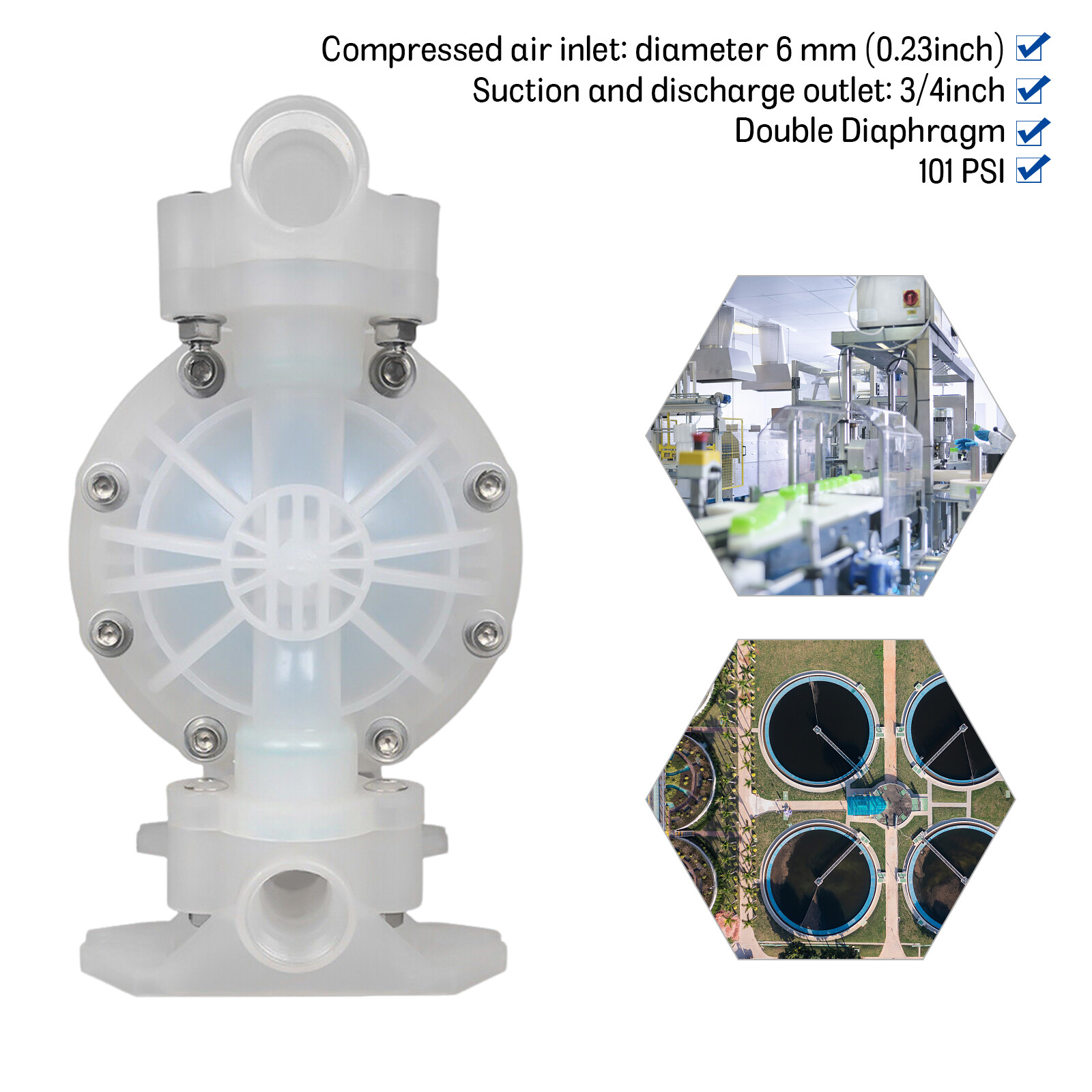 Air-Operated Double Diaphragm Pump 1/2 inch Inlet / Outlet Chemical Industrial