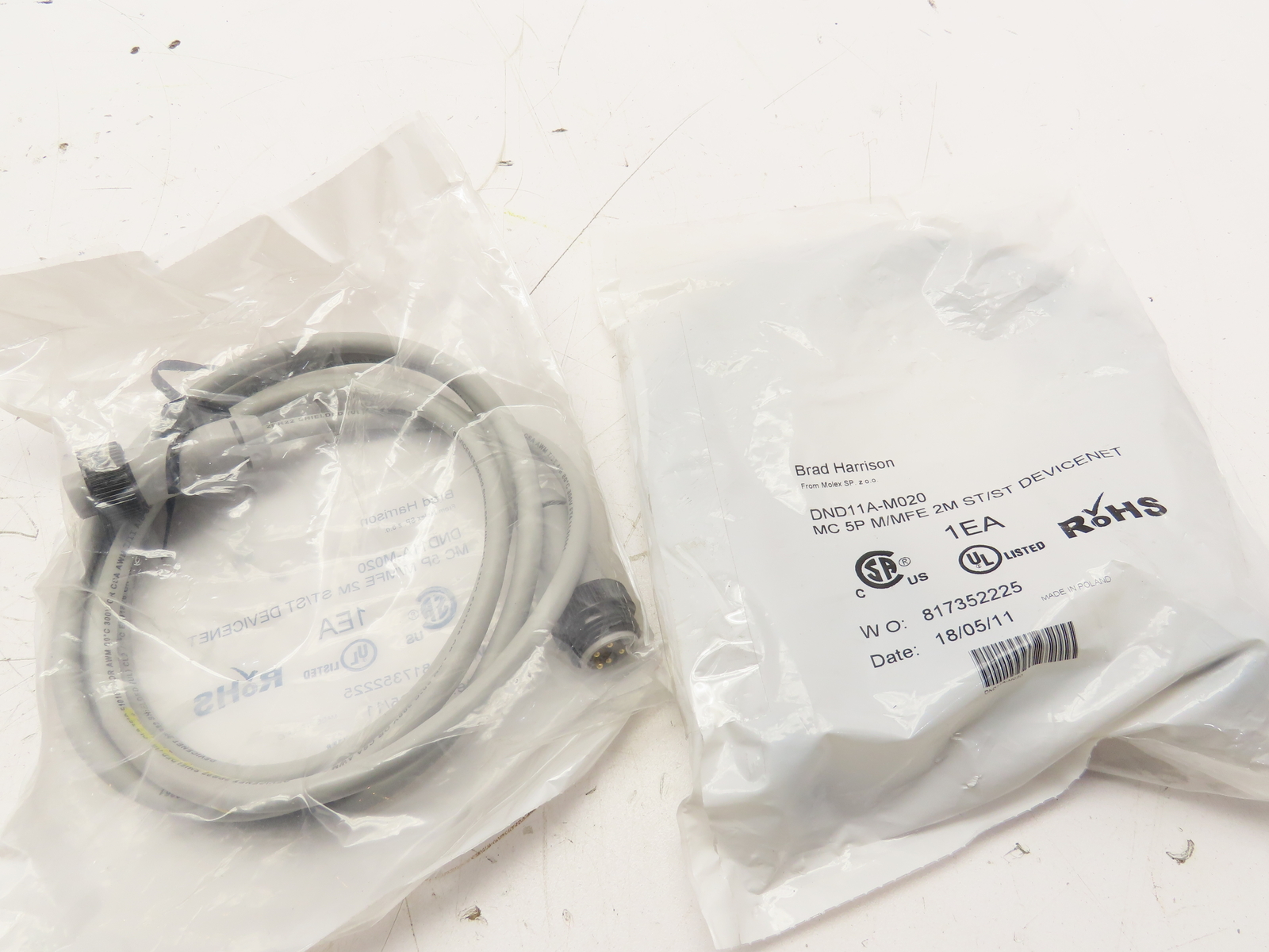 Brad Harrison DND11A-M020 Molex Cable 5P 2M ST/ST DeviceNet (Lot of 2)