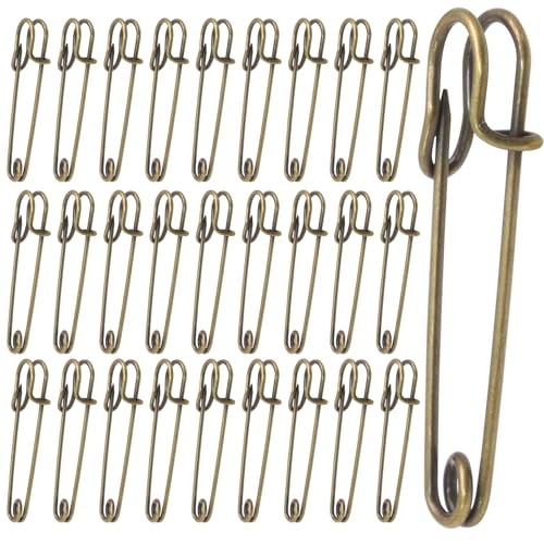 BokWin 30 Pack Large Safety Pins Heavy Duty Vintage Clothes Pins 2 Inch Brown
