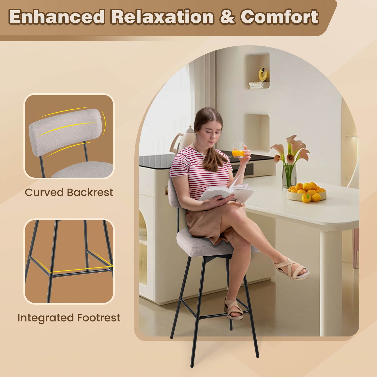 4PCS Swivel Bar Stools Bar Height Upholstered Kitchen Dining Chairs Beige
