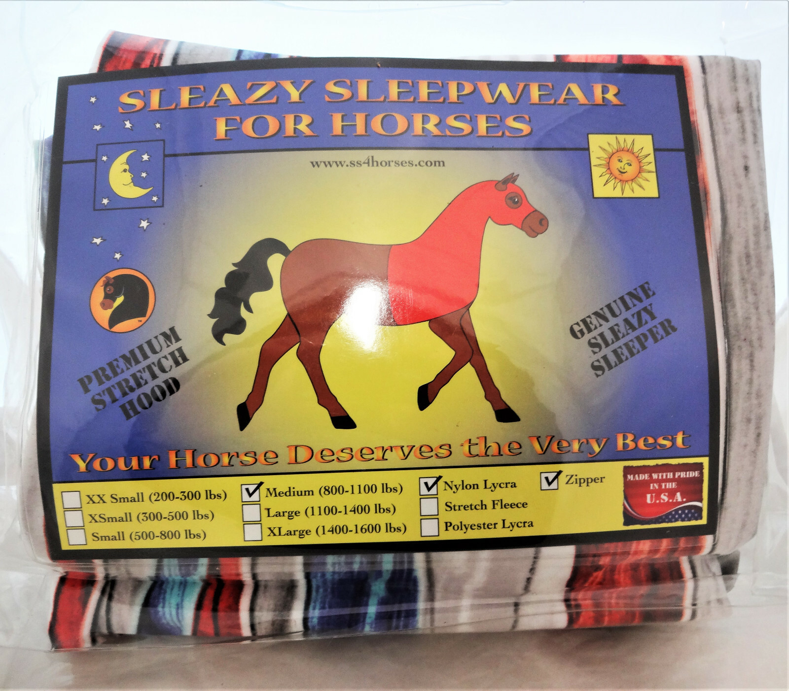 Patriot Sleazy Sleepwear Horses Stretch Neck Zipper Hood Nylon Mane Tamer Sizes