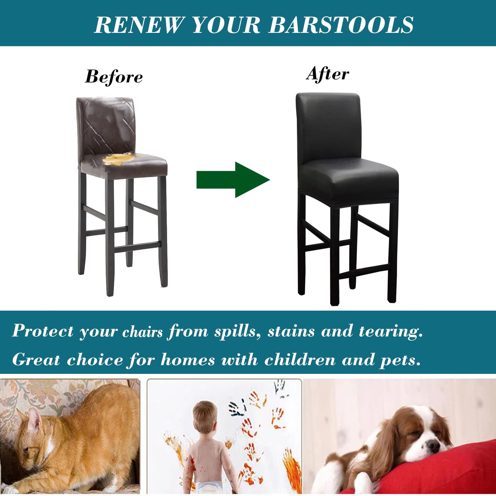 HFCNMY Bar Stool Covers,4 Pack Stretch Waterproof PU Covers Black