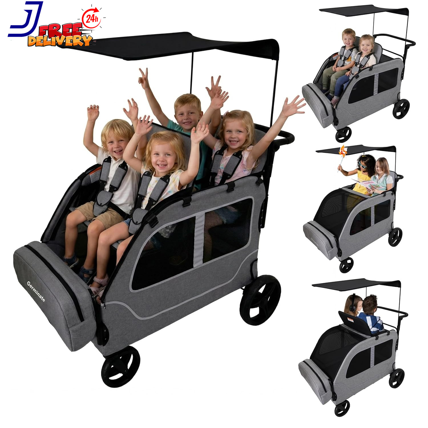 4 Seater Wagon Stroller, Large Quad Wagon for 2 3 4 Kids Baby Toddler Child w/Se