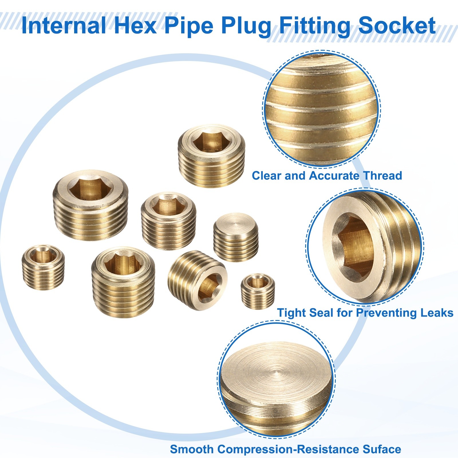 6Pcs 1/8 NPT Brass Pipe Plug Fitting, Male Thread Internal Hex Socket Pipe Cap