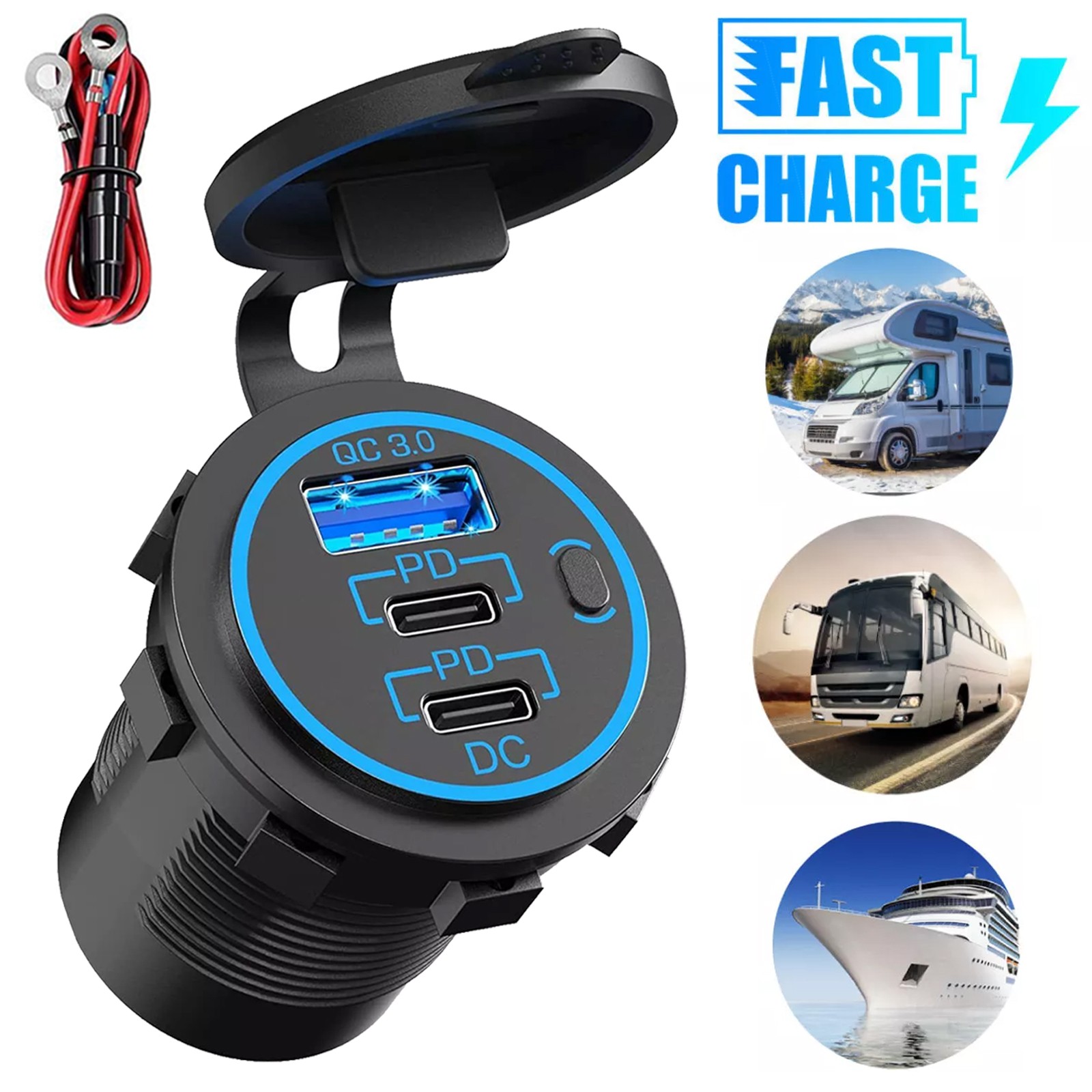 12-24V Dual USB PD & QC3.0 Car Fast Charger Socket Power Outlet for Boat RV US