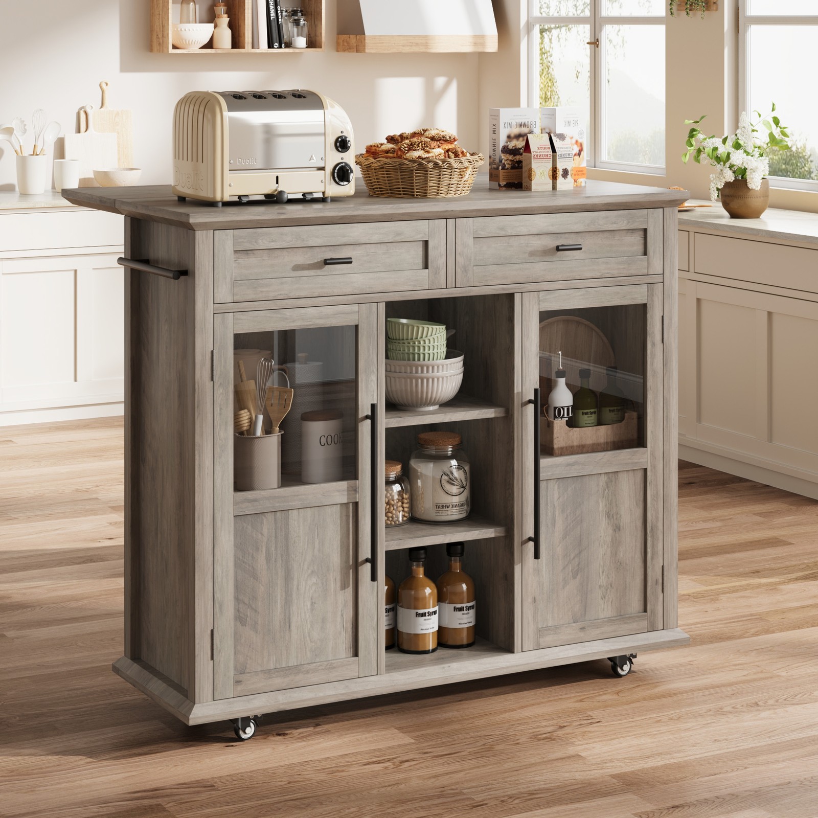 41" Mobile Kitchen Island, Island Cart On Wheels with Storage Shelf & Towel Rack