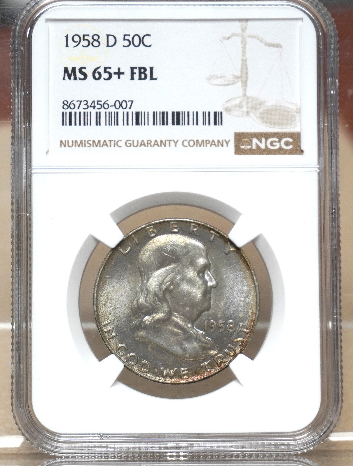 1958-D FRANKLIN HALF DOLLAR NGC MS65+  FBL PLUS DESIGNATION 456007
