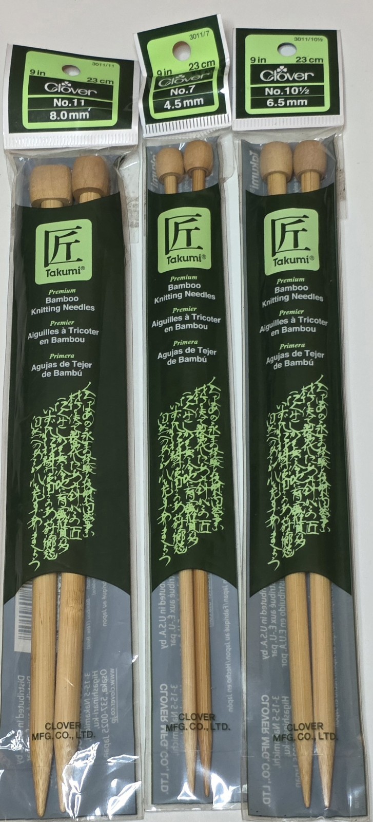 3 Clover Takumi 9" Bamboo Knitting Needles 3 Sizes Japan NIP NEW #s 7, 10.5, 11