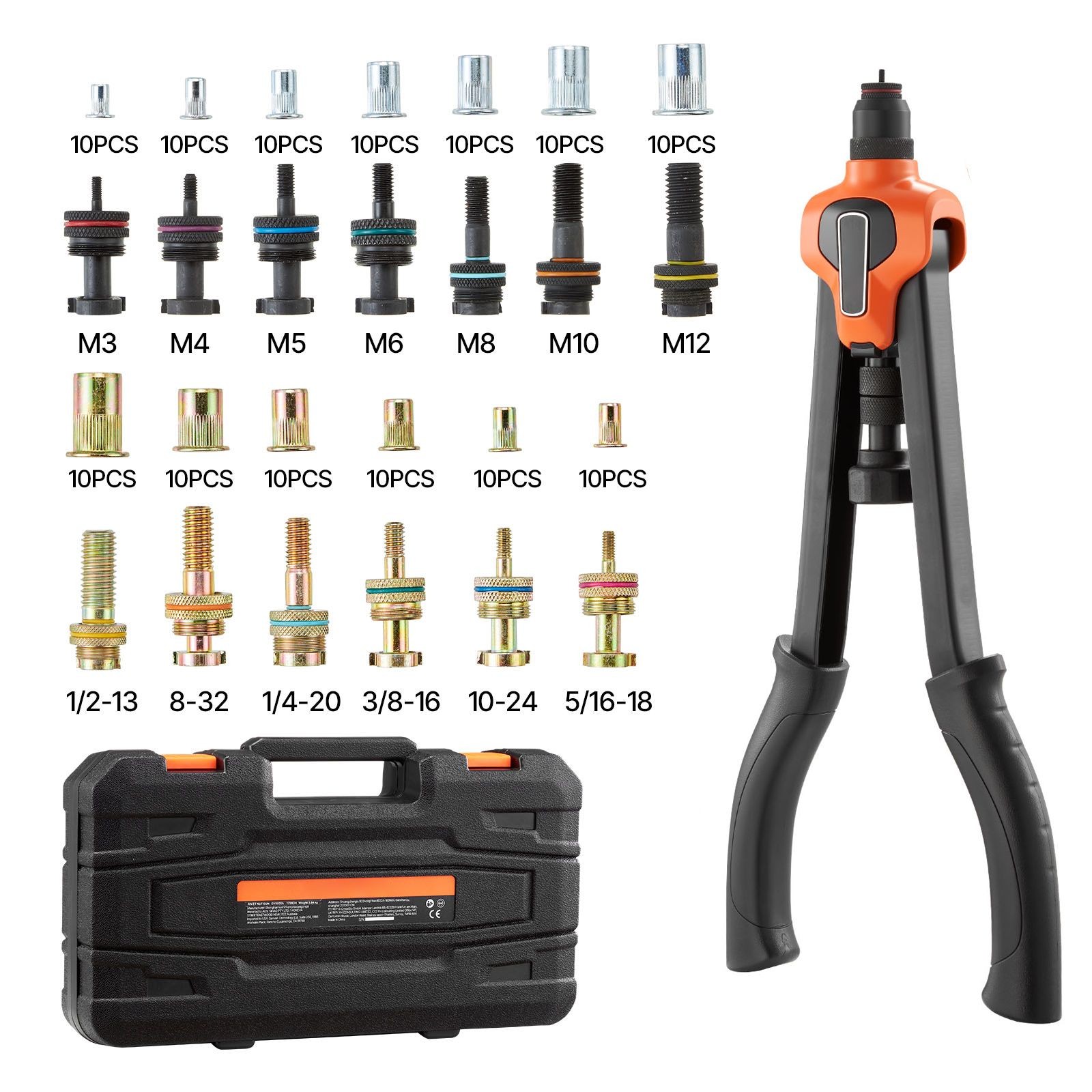 Rivet Nut Tool Kit, 17 - Inch with 13 Mandrels and 130 Nuts, Metric & SAE