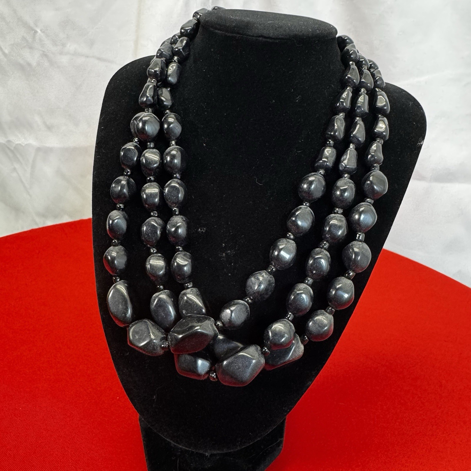 Three Strand Vintage Black Bead Necklace