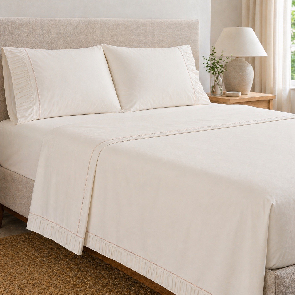 ALDA Texteis Portugal Queen Sheet 4 Piece Set Cotton White Ruffled  Trim New