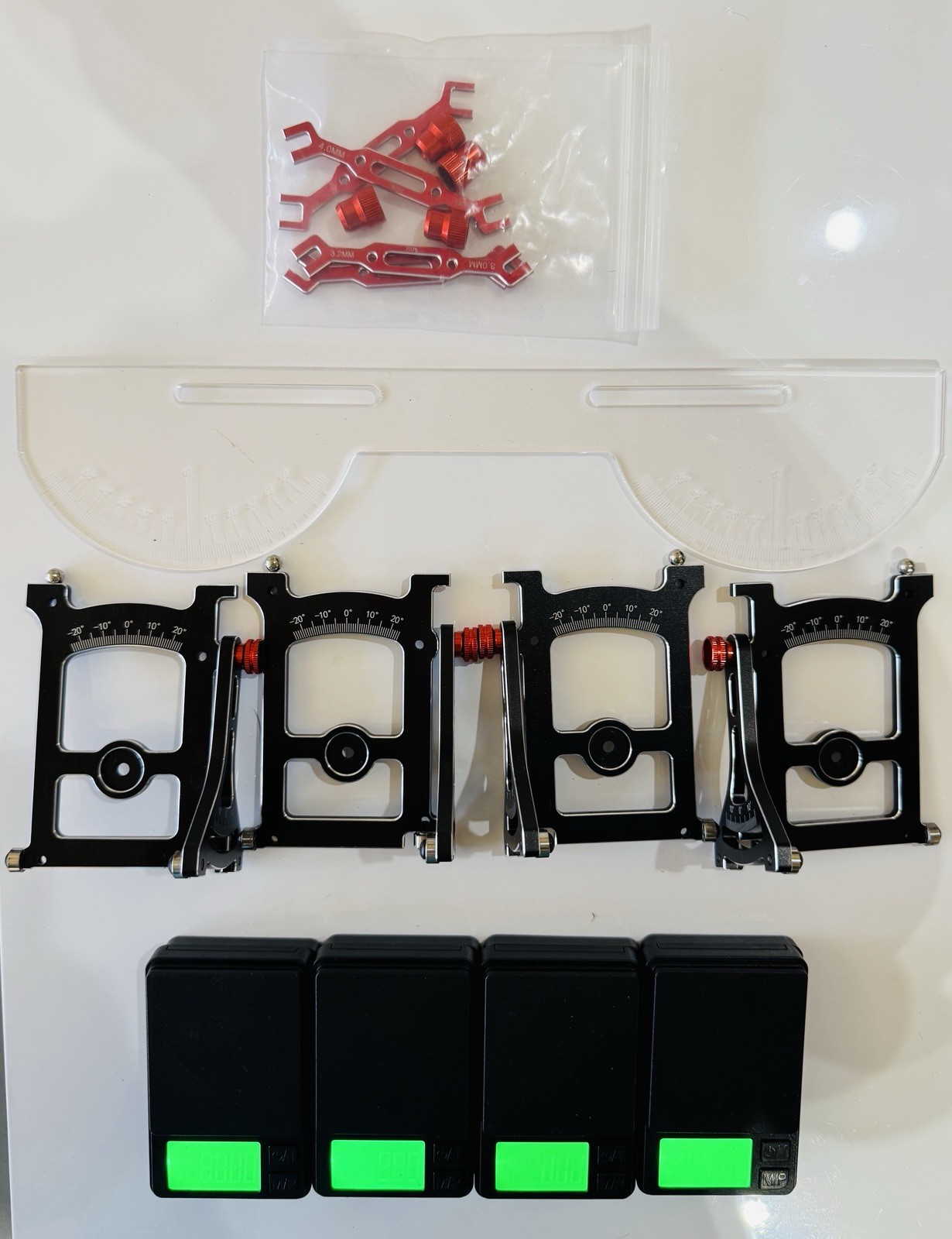 RC Car Setup Station with Digital Scales, Camber Gauges, Mounts & Red Connectors