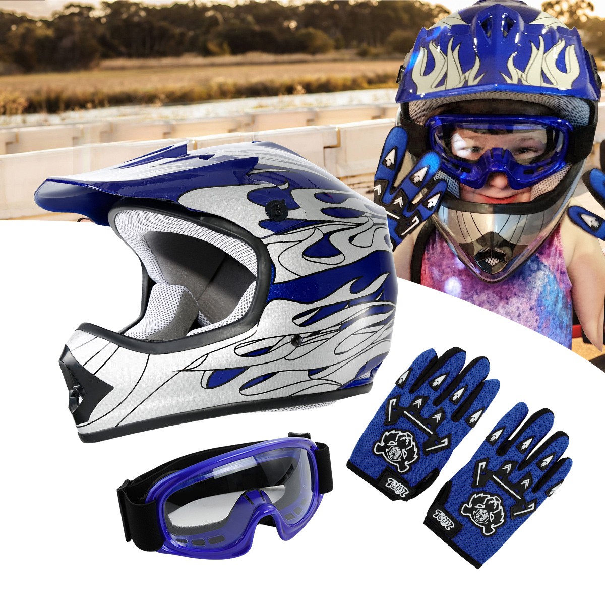 Youth Kids Blue Flame Dirt Bike ATV MX Helmet Motocross+Goggles+Gloves S/M/L/XL