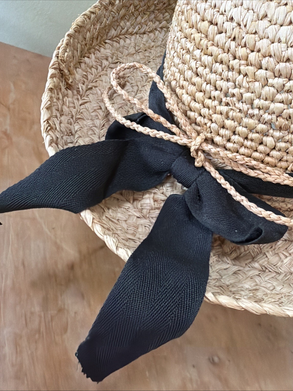 Straw Boater Hat Women Natural Woven Black Ribbon Bow Summer Beach Cottagecore