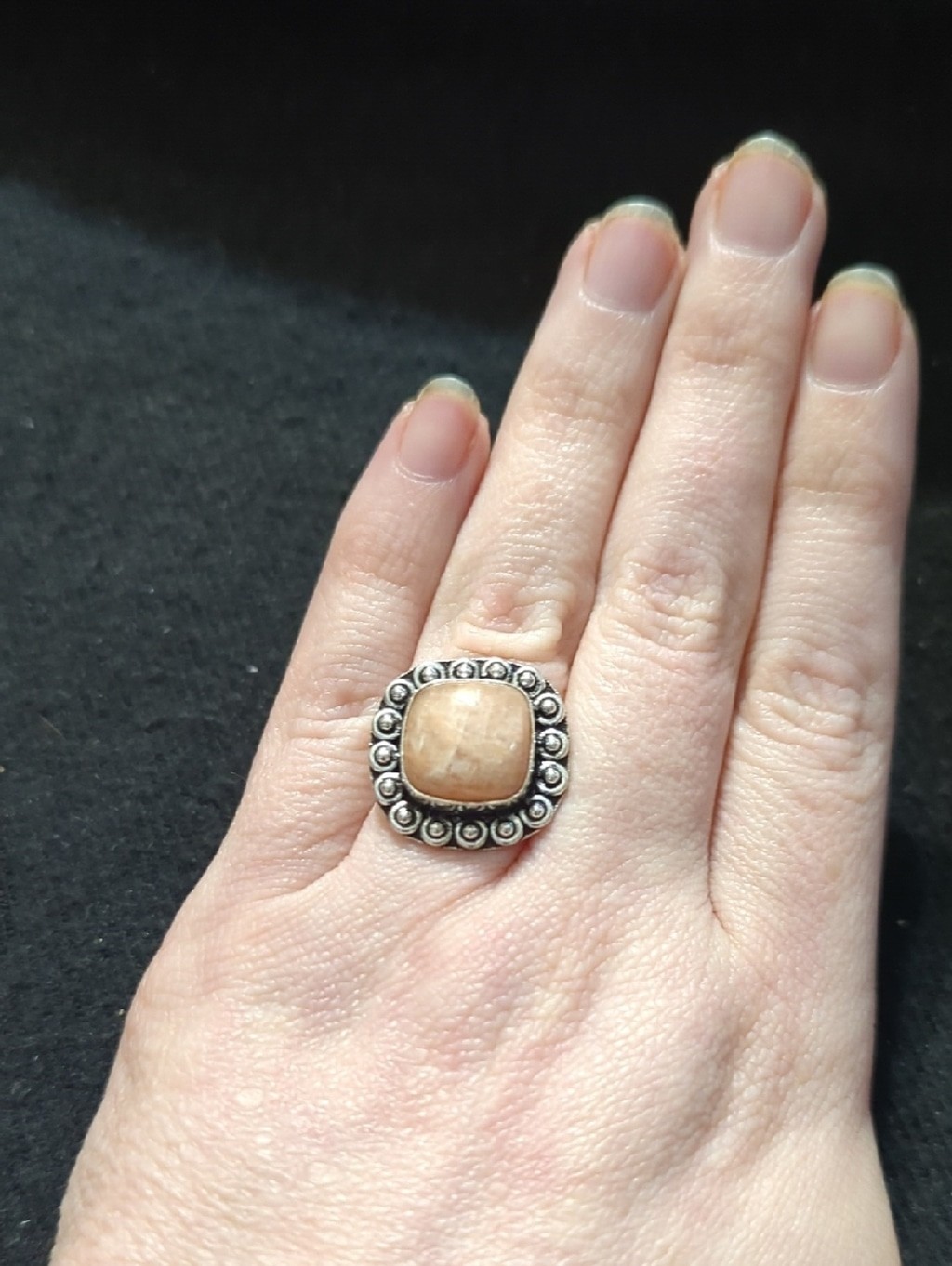 Silver Plated Peach Moonstone Gemstone Square Statement Ring - Size 8