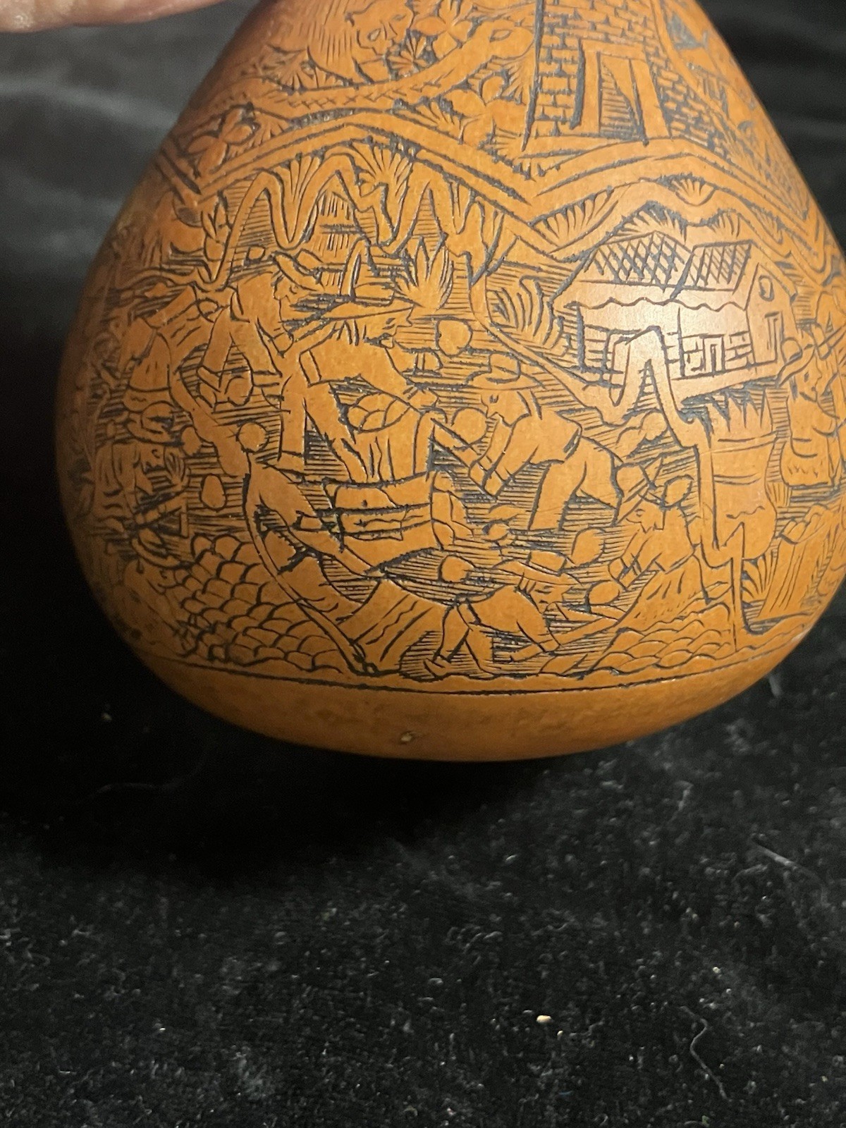 Peruvian Intricate Hand Fine Carved Etched Gourd Rattle Peruvian Culture Scenes