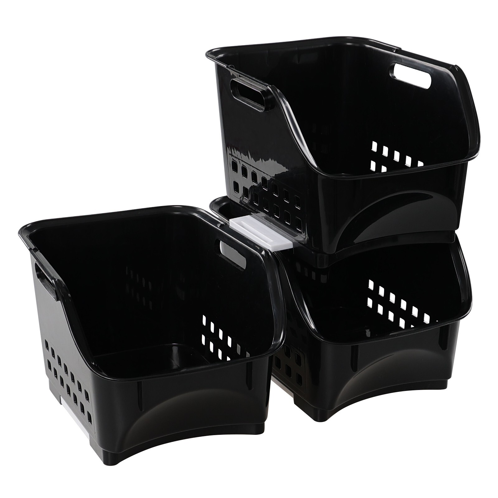 Cand 3-Pack Black Plastic Stacking Organizer Basket, Plastic Stackable Basket