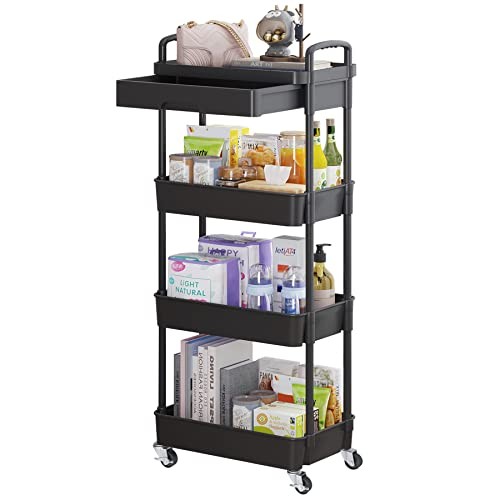 Rolling Utility Cart with Drawer,Multifunctional Storage 4-Tier Black