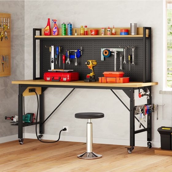 59" L Heavy-Duty Adjustable Workbench with Pegboard & Power Outlets Hooks Garage