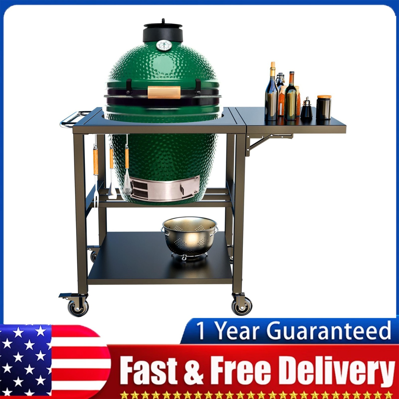 Table Cart for Large Big Green Egg with Side Table & Shelf