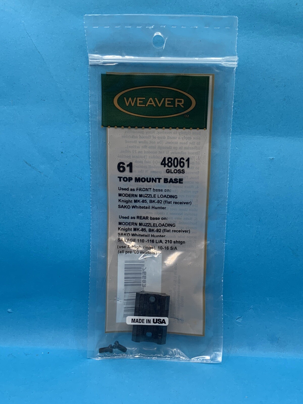 WEAVER 61 Top Mount Base Front Rear Rifle Scope Muzzle Loader Savage 48061 NEW
