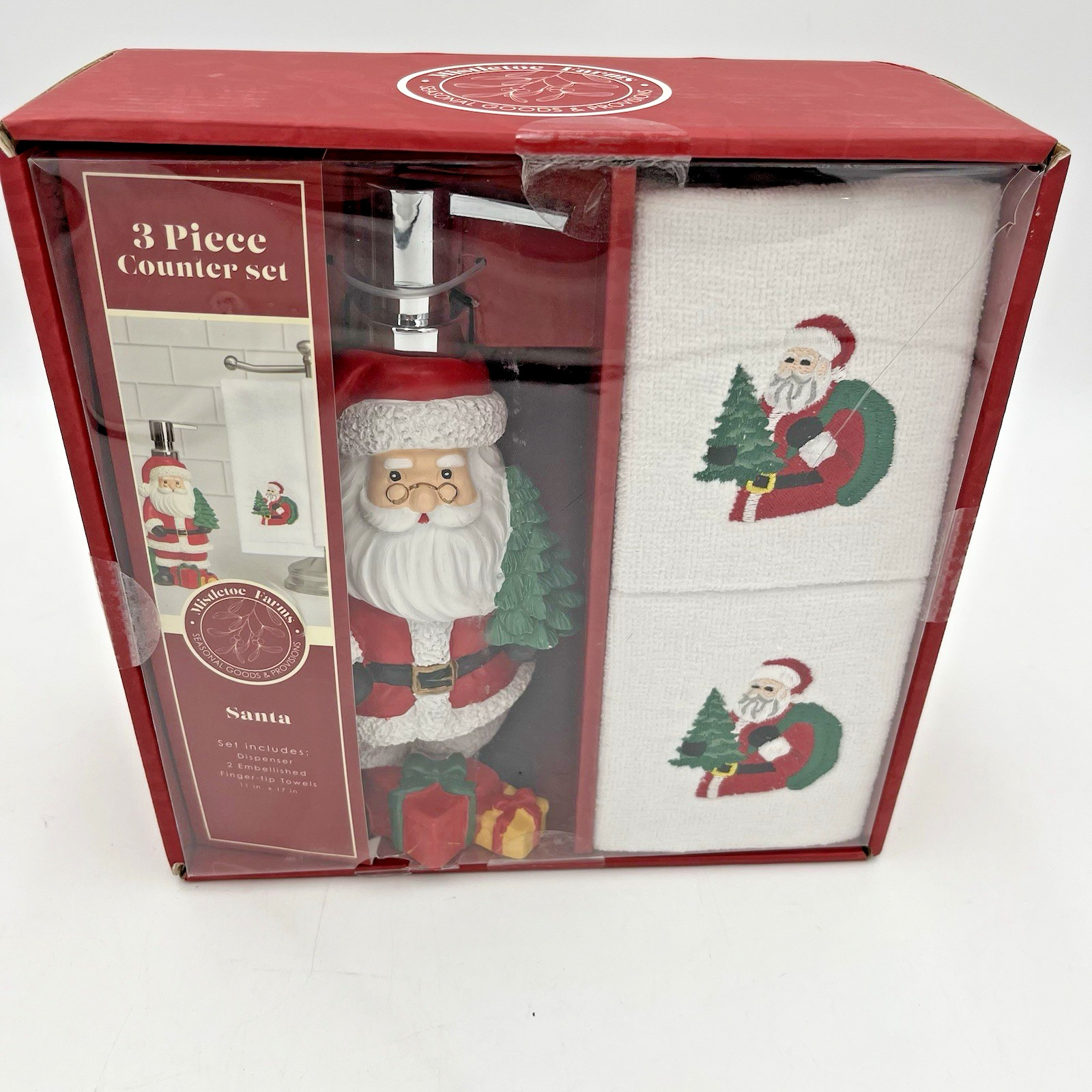 Santa Bathroom Soap Dispenser and Towels Mistletoe Farms 3 Piece Christmas XMAS