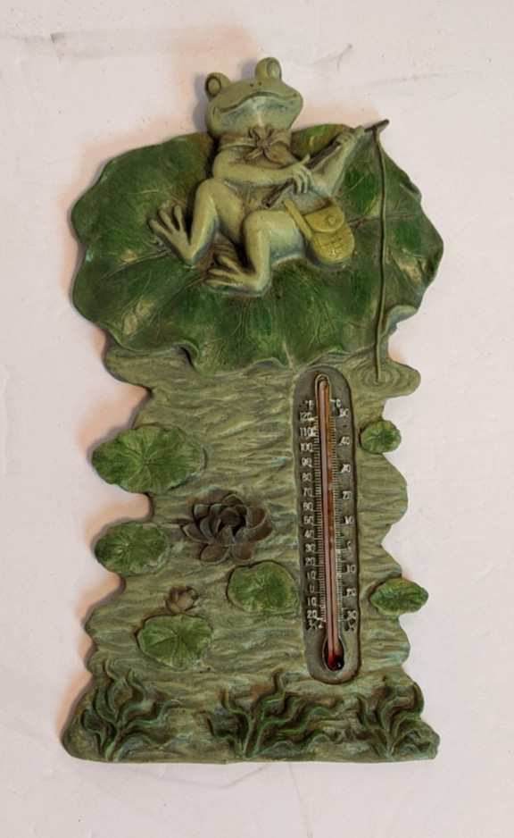 Fishing Frog On Lilypad Indoor/Outdoor Resin Thermometer 9 Inches