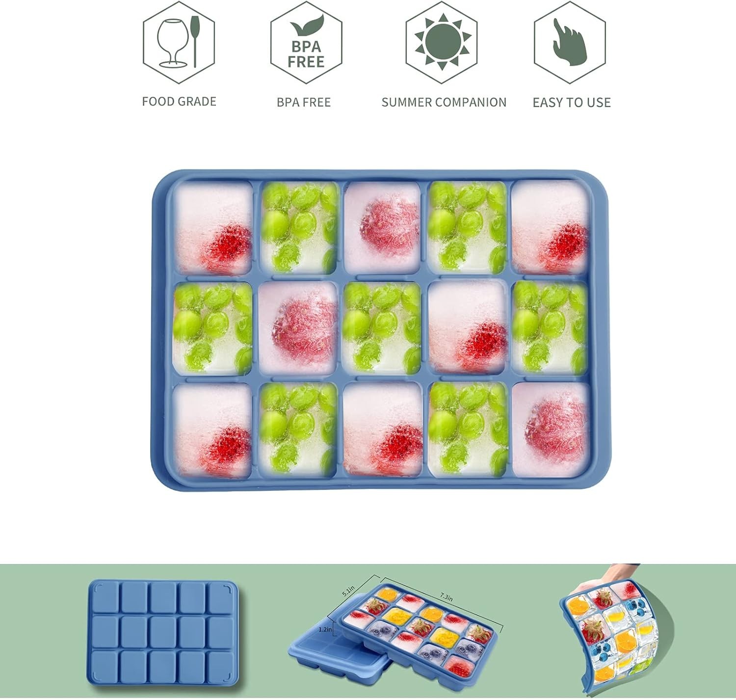 3 PCS Ice Cube Trays Set of 2, Easy Release 15 Flexible Silicone Ice Cube Molds