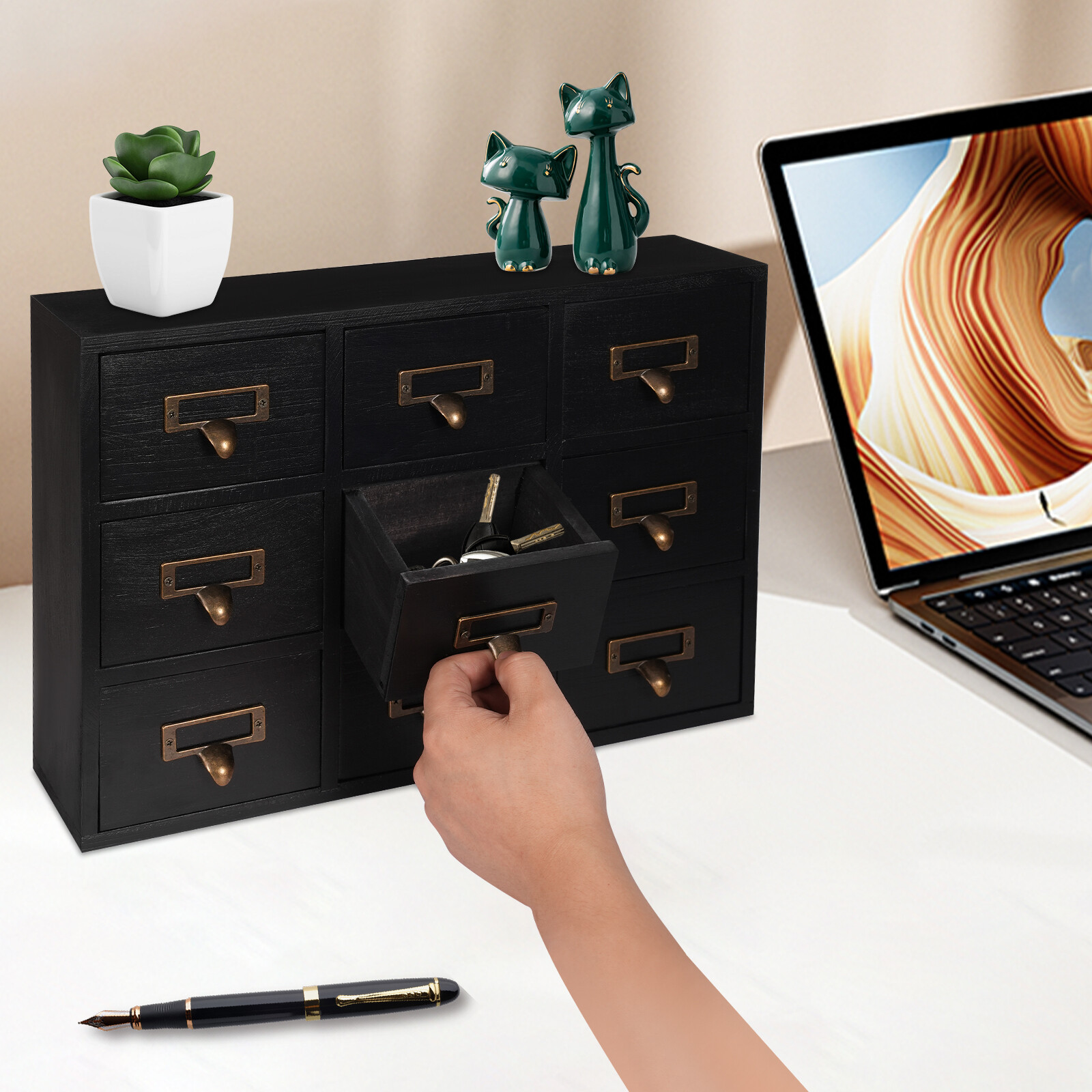 Wooden Desk Drawer Organizer Herb Storage Box 9 Drawers Apothecary Cabinet