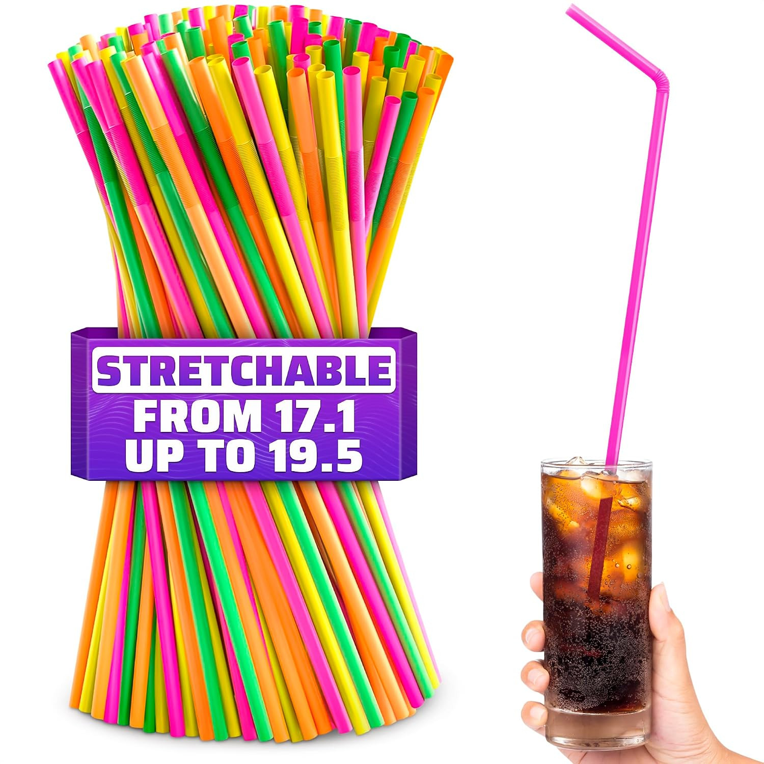 200 Extra Long Flexible Disposable Straws - 17 to 19.5 in, Neon Colors