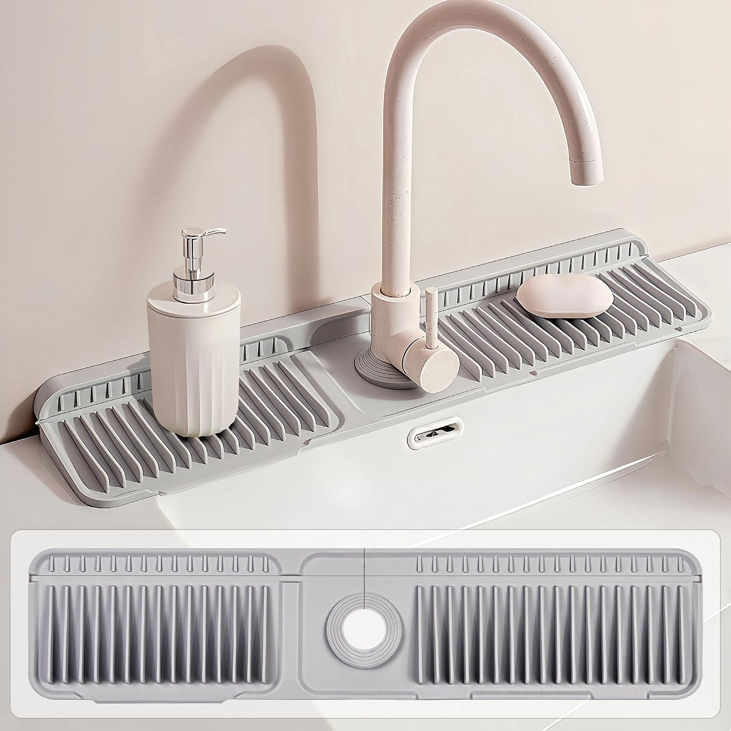 23.6 inch Silicone Faucet Mat for Kitchen Sink - 6° Slope & Fasten Button Design