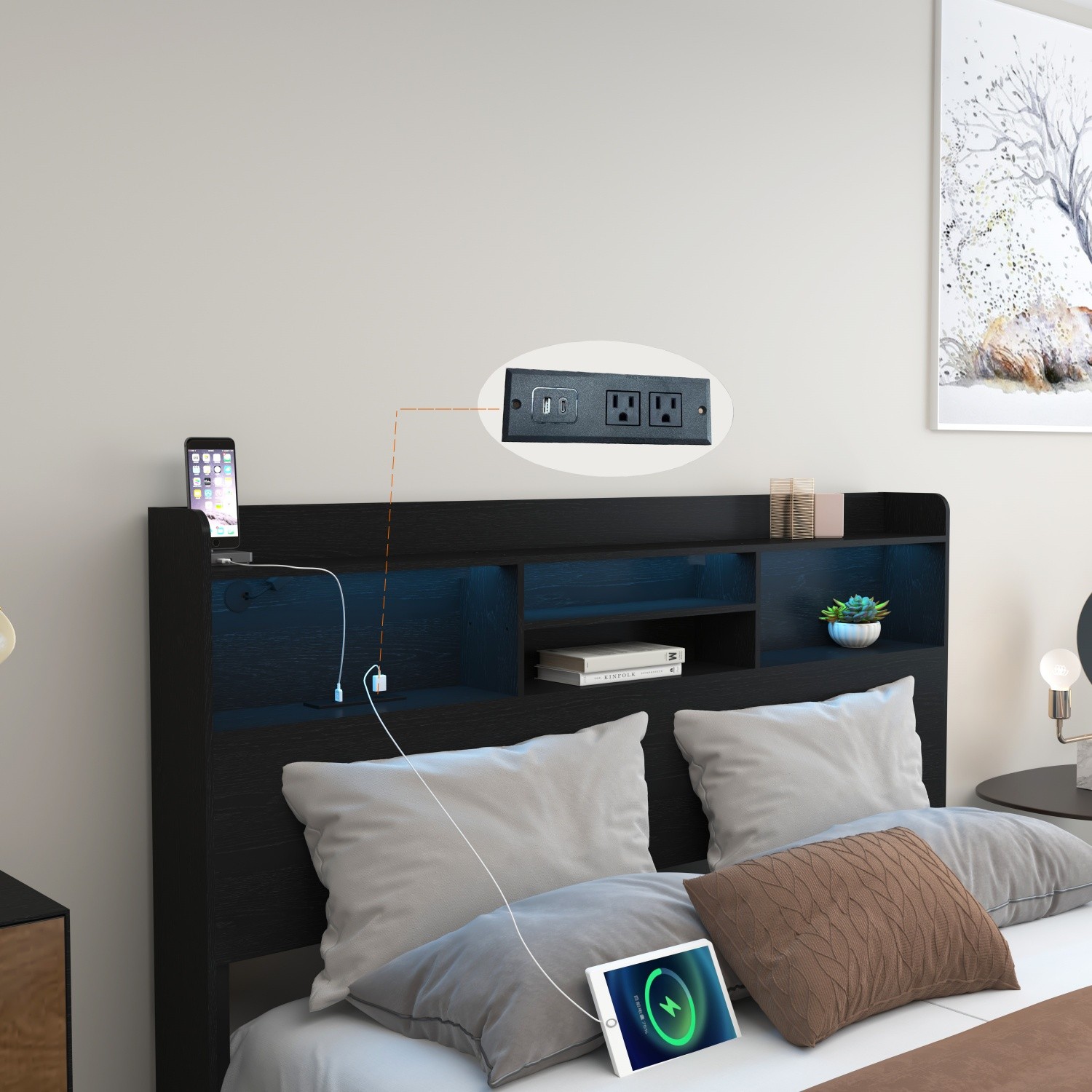 Full/Queen Size Platform Bed Frame w/ LED Lights & Storage Headboard & 4 Drawer