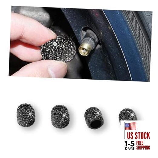 4Pack Crystal Rhinestone Tire Valve Caps, Handmade Tire Valve Stem Caps, Black