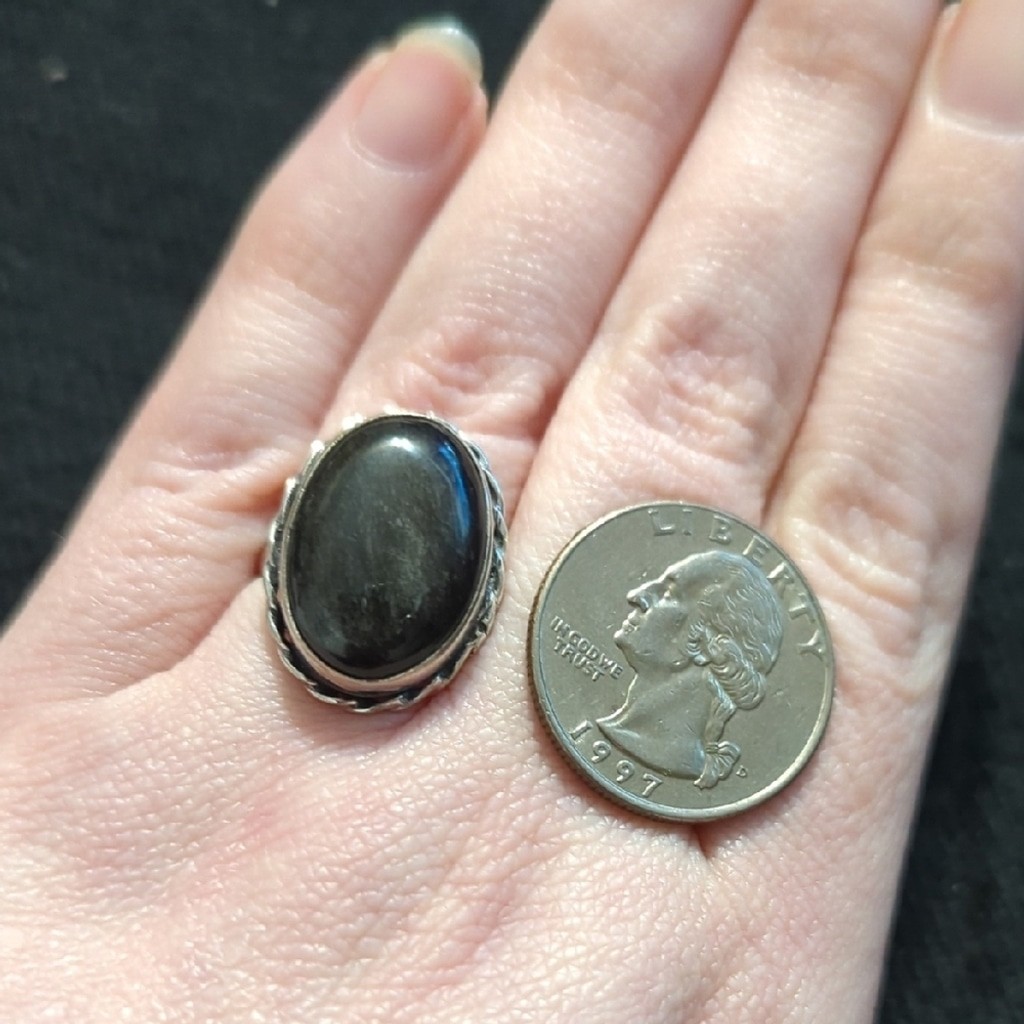 Silver Plated Black Moonstone Gemstone Oval Statement Ring - Size 6